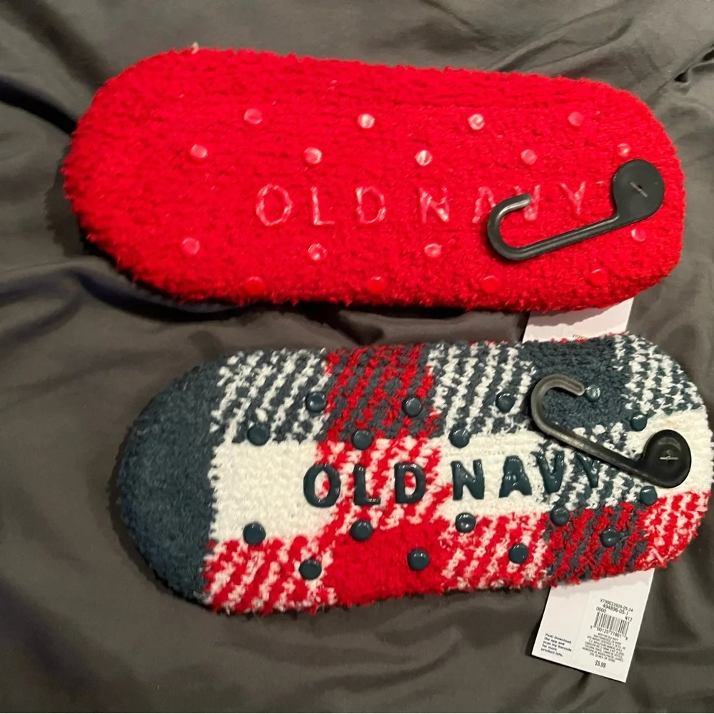 Two pairs of Holiday Christmas  Old Navy Red and Plaid Gripper Socks - Picture 2 of 5
